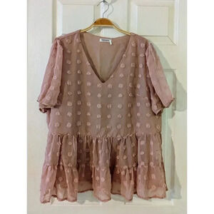 Hotouch Womens Babydoll Top Swiss Dot Ruffle Tiered V Neck Blouse XL NWT